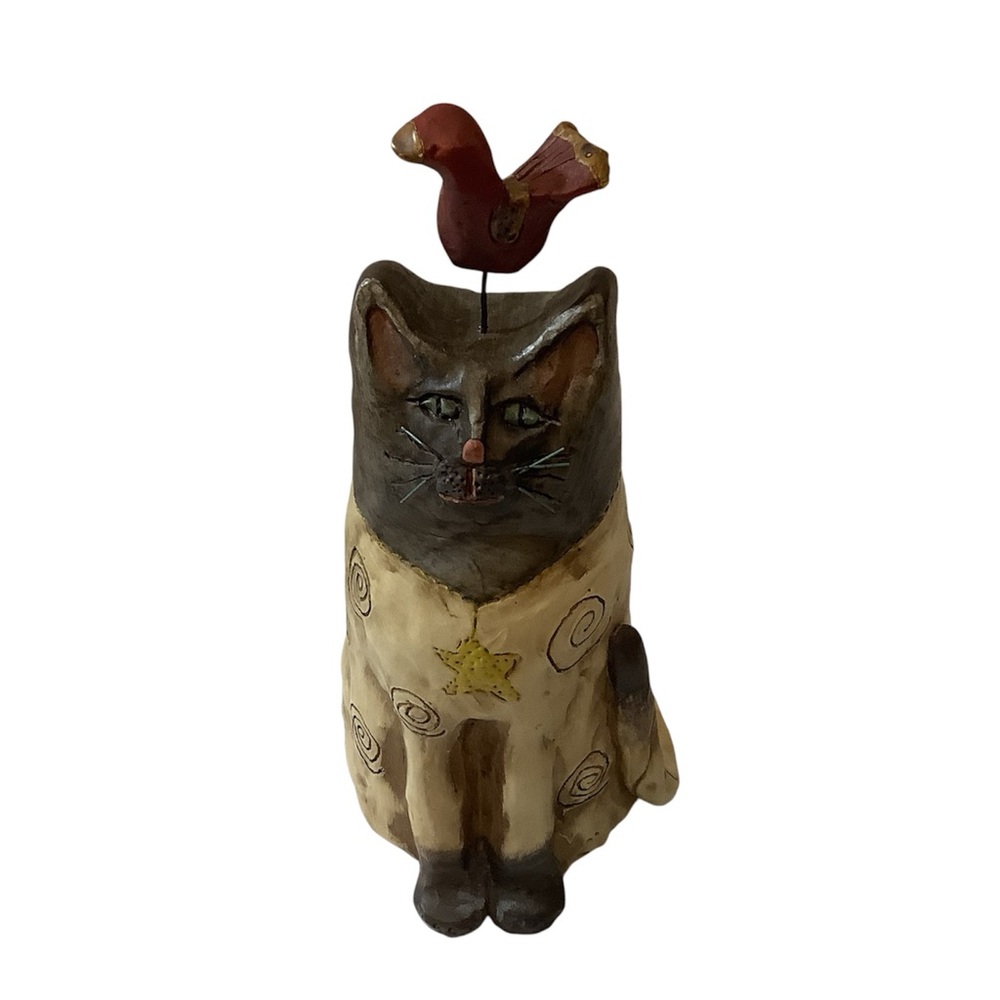 Vintage E.R.S Artist Signed Composite Cat Sculpture Wire Whiskers Bird Topper 8”